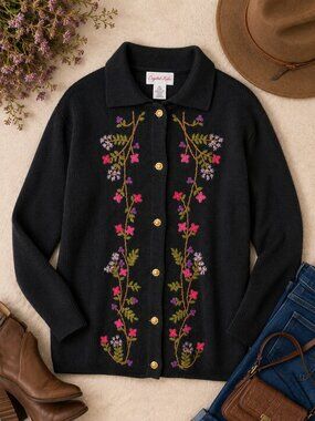 Crystal-Kobe Embroidered Floral Cardigan Sweater XL Cottagecore Grandpa Chic